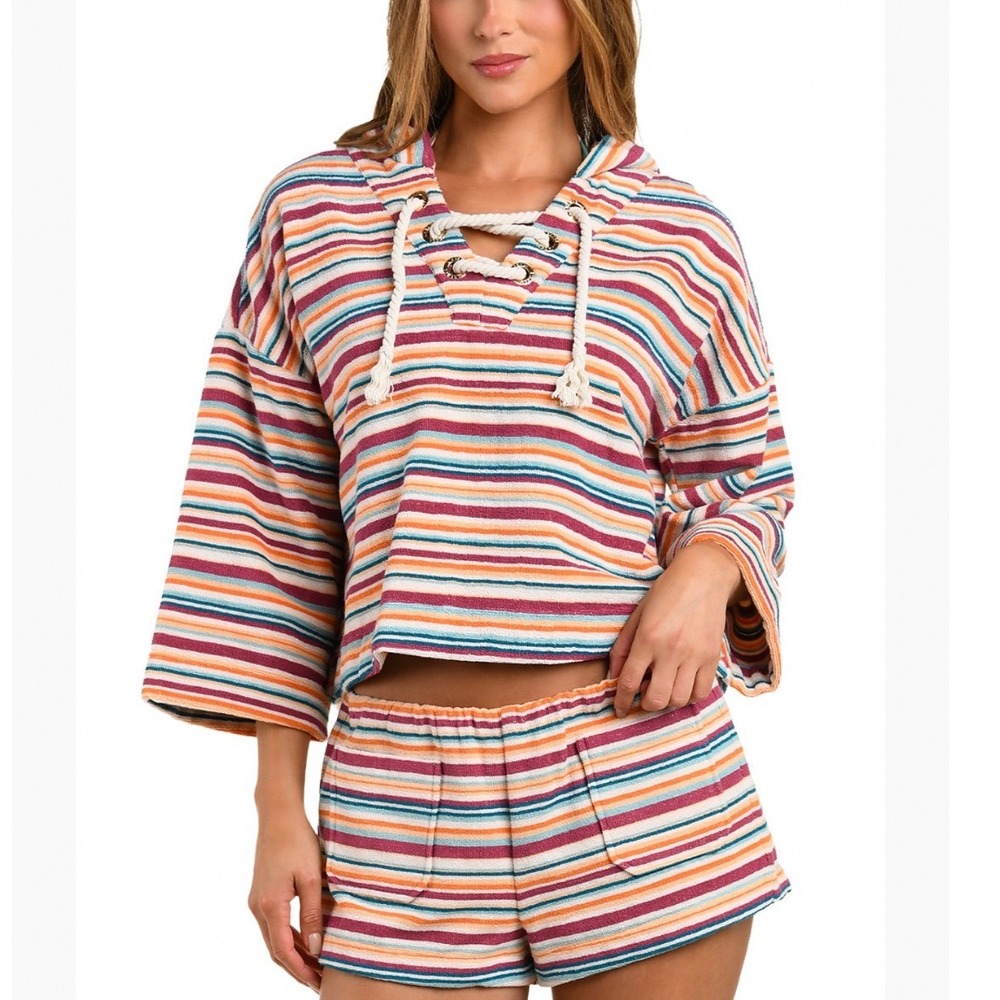 L'AGENCE Lee Watercolor Stripe Hoodie Swim Cover-Up Multi LG6WM24-MLT NEW Medium